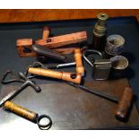 Miscellany inc. pocket telescope, pocket inkwell, corkscrews, nutcracker, copper cheque printing