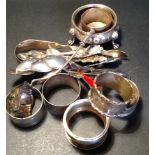 Collection silver etc 800 - 925 and sterling inc. 5 napkin rings, tongs, salt etc.