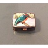 Enamelled pill box painted with a kingfisher marked 925