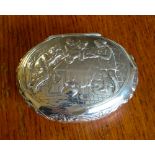 Continental silver snuff/tobacco box with embossed tavern scene import marks for Edinburgh
