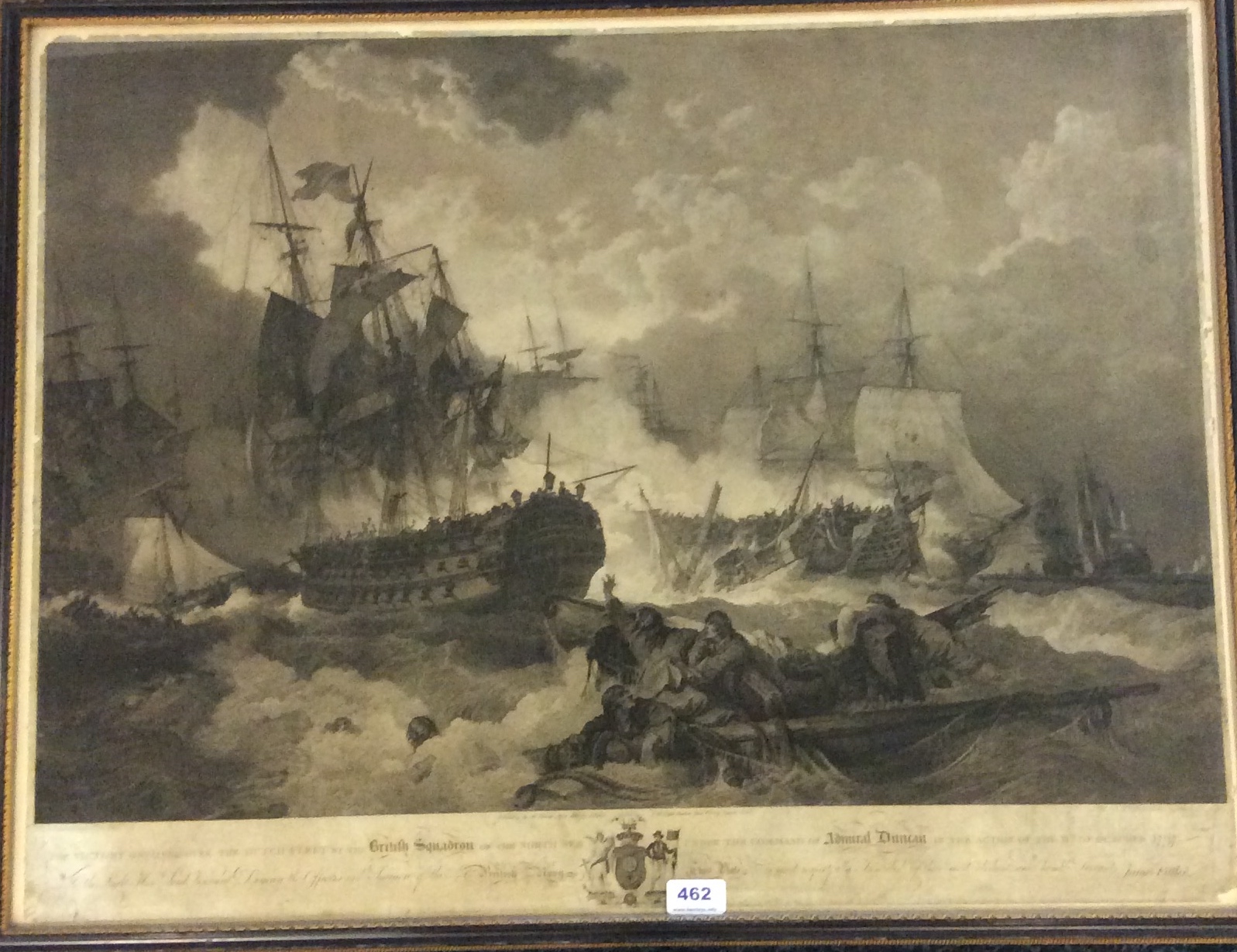 Early 19th c Fittler print of a 1797 sea battle with the Dutch by Admiral Duncan lacking plate