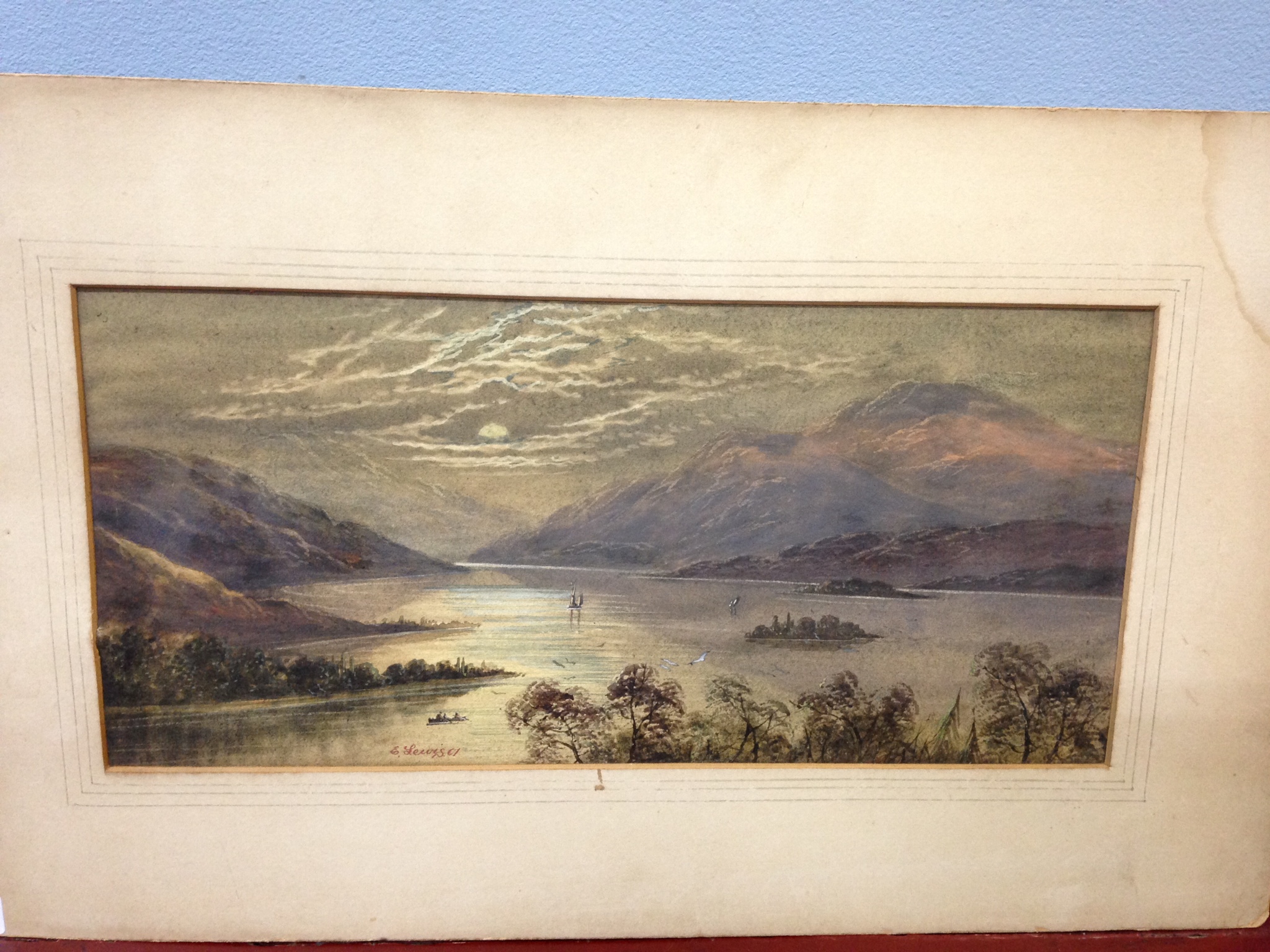 Watercolour lake scene E Lewis '01 16.5 x 35.5cms