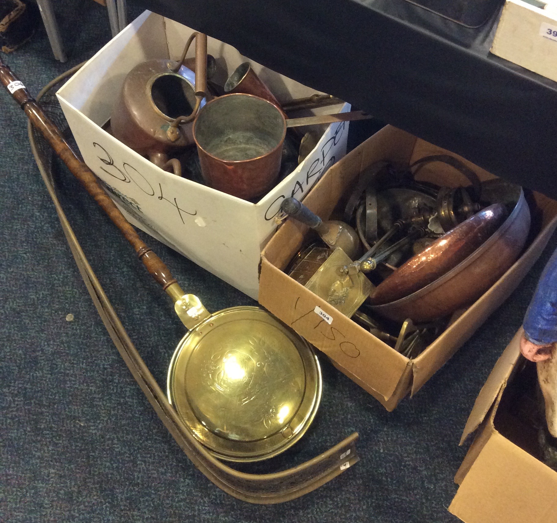 Large assortment of brass and copper inc. kettles, pans, fender etc.
