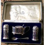 Three piece silver condiment set in box Birmingham 1919