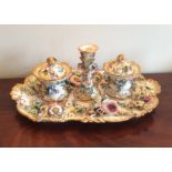 Flower encrusted 19th c porcelain inkstandish a/f