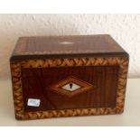 Early 19th c mahogany 2 compartment tea caddy with Tunbridge ware decoration