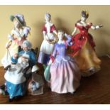 Five Royal Doulton figures Dawn 3258, Blithe Morning 2021, Katie 3360, Belle 3703, Nanny 2221