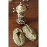 A 19th c gilt metal miniature urn and a pair of decorative gilt metal