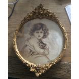 Miniature portrait of a young girl with a cat painted on tin signed l r Maude in gilt frame