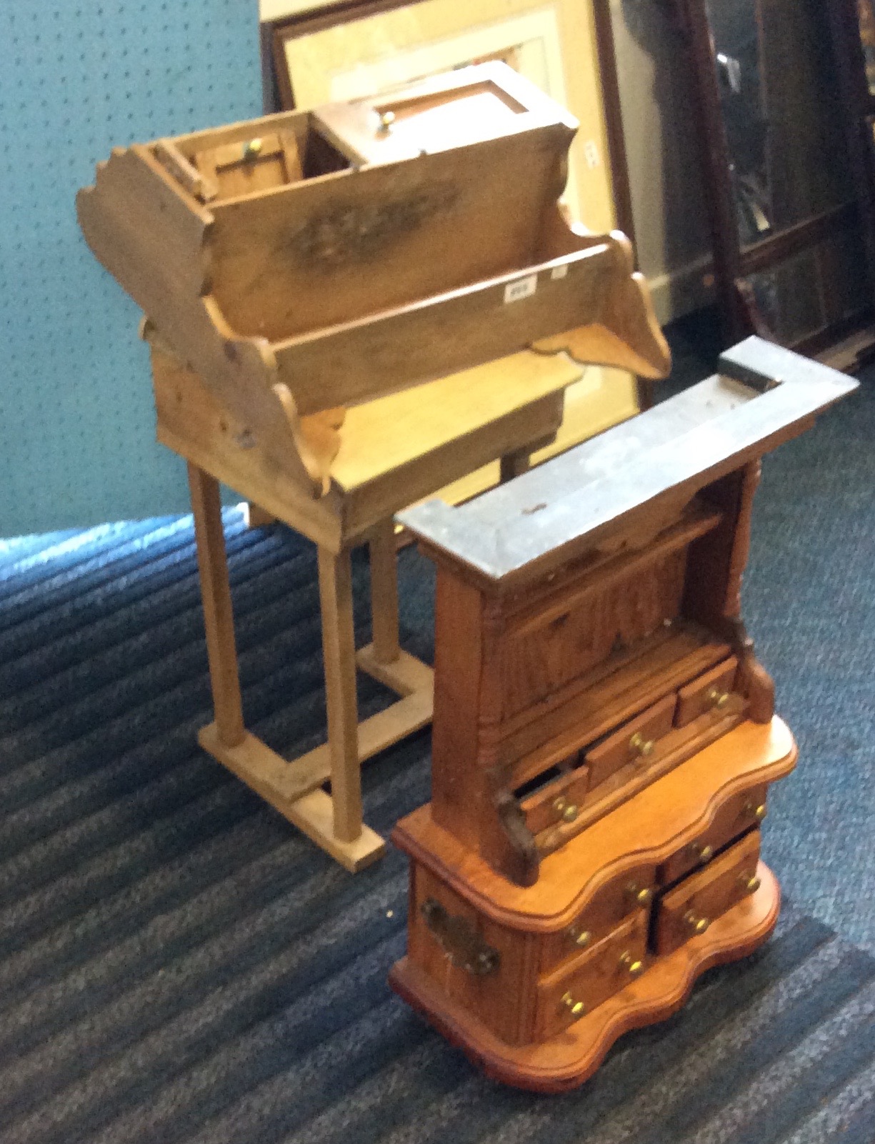 Miniature pine dresser, wall shelf, and a school desk - Image 2 of 2