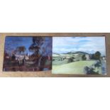 Pair of oil on board sketches, "Burley in Wharfdale" and Letheringham Abbey