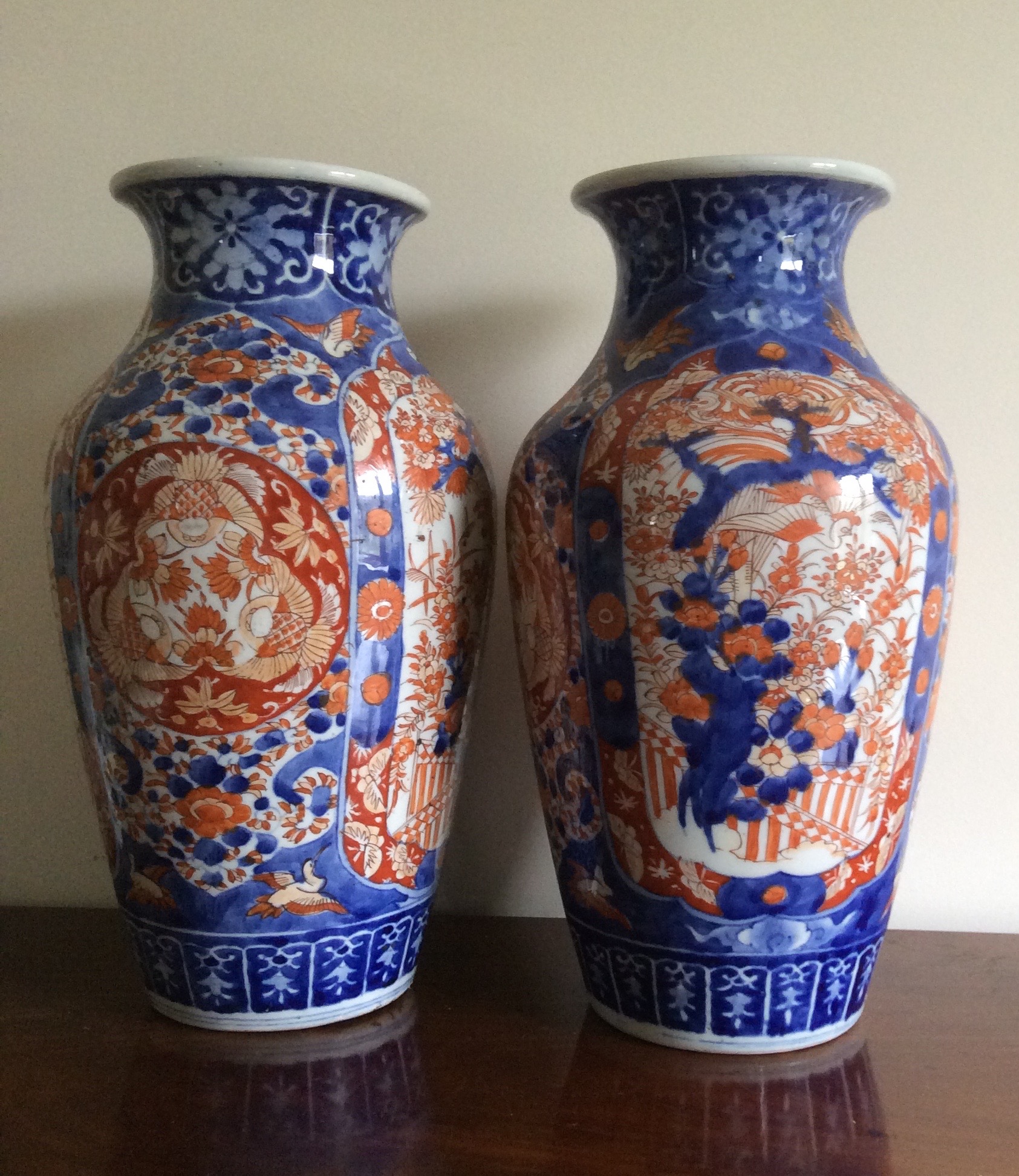 Pair 19th c Japanese imari porcelain vases 39 cms