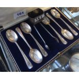 Set of six tea spoons and tongs in box and a serviette ring