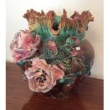 Continental majolica vase with applied roses
