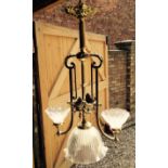 Fine quality brass electrolier with glass shades, approximately 88cms length.