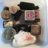 Boxed lot of vintage tins, snuff box, coral etc.