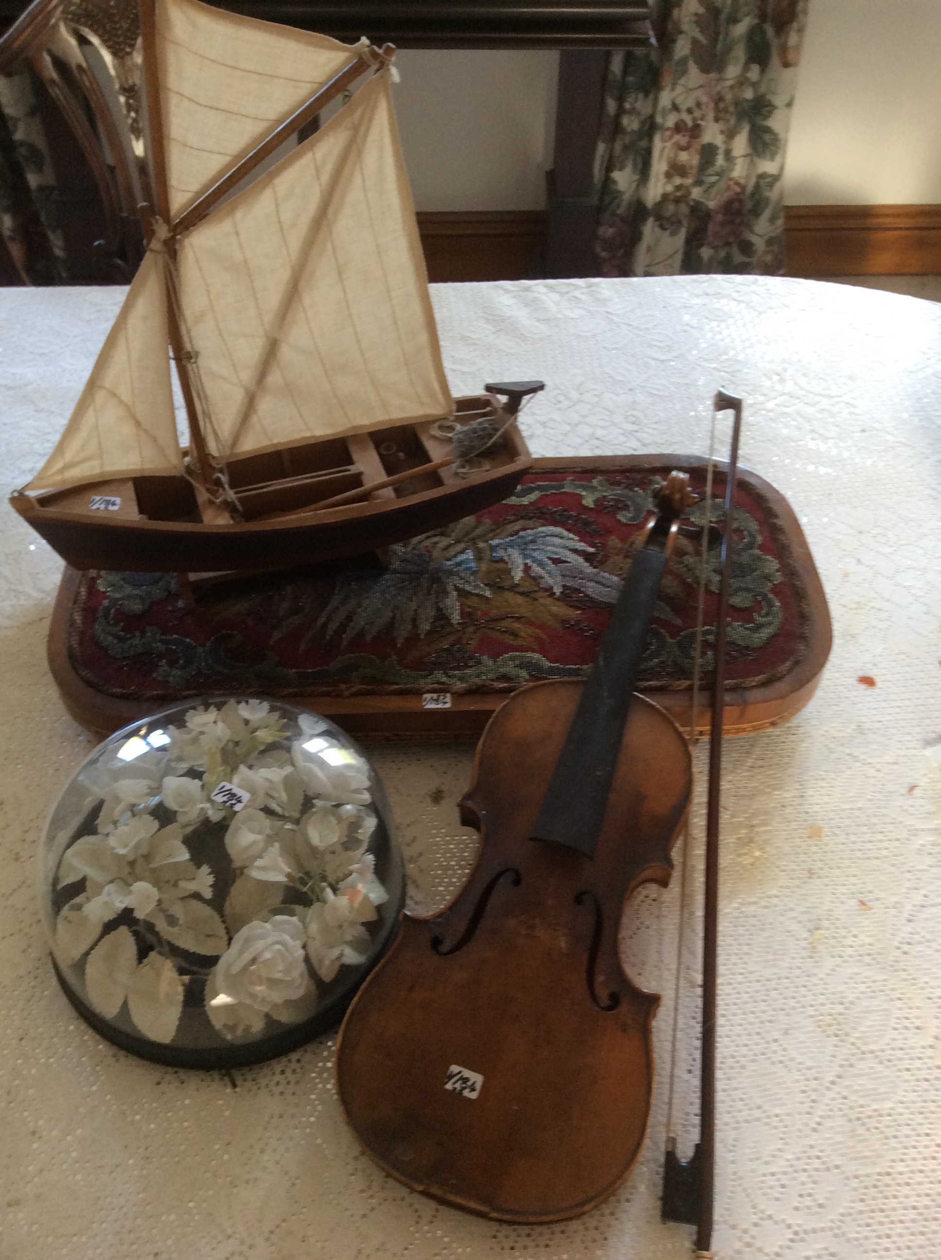 Miscellany inc. violin, model boat etc.