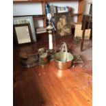 Box lot copper and brass inc. onyx table lamp