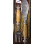 Good quality ivory handled fish servers with silver mts. In case