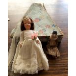 A 1930's wedding doll in original triangular box with a porcelain doll's house doll
