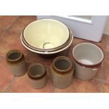 Two 19th c pancheons and four unmarked stoneware pots