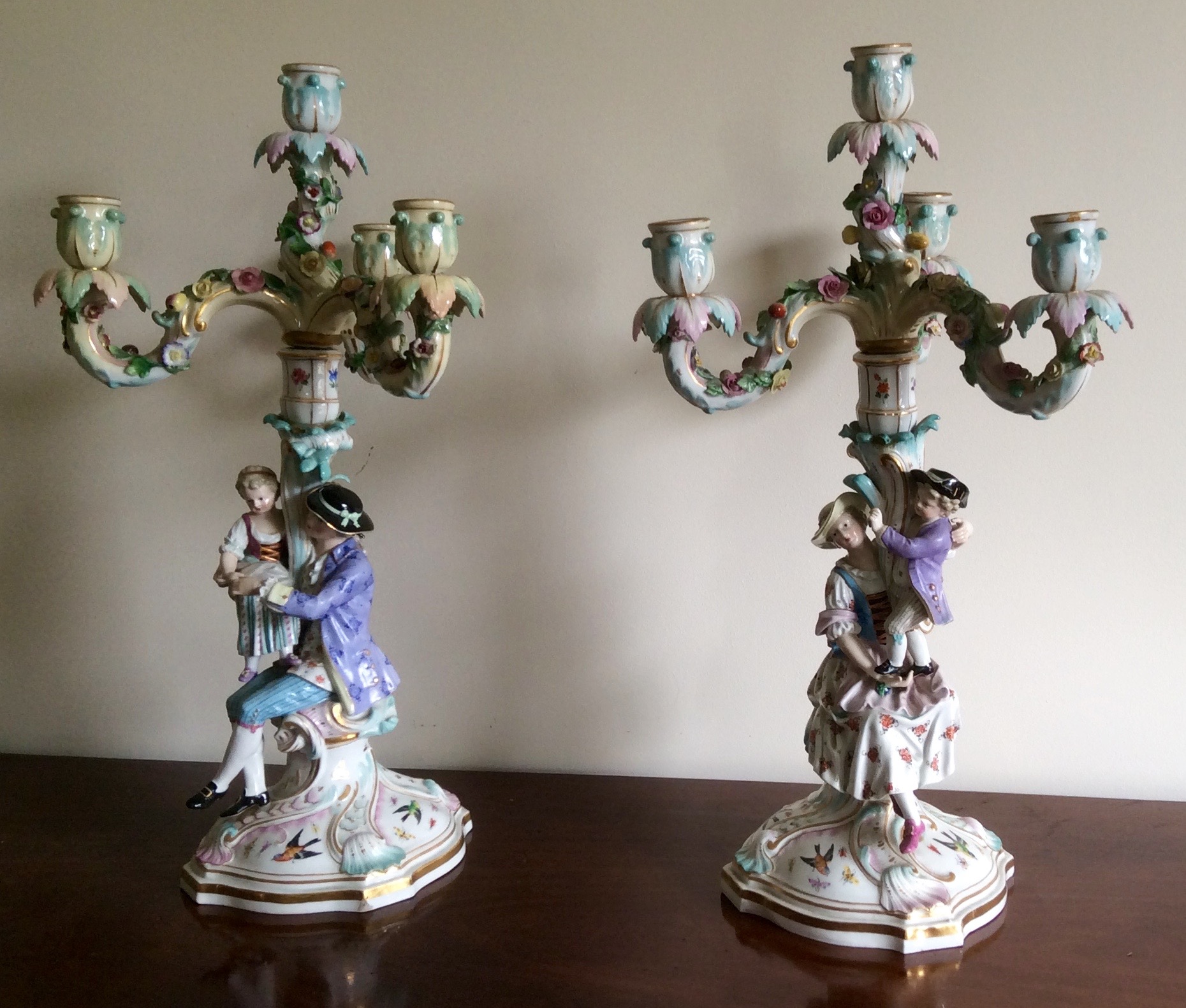 Pair late Meissen candelabra good quality with slight nibbles 48