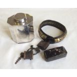 Nineteenth century brass and leather dog collar with engraved padlock, snuff box and tea caddy.