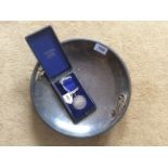 Silver plated dish and school medal.