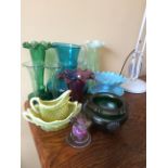 Collection of coloured glass inc. frill vases 12 items