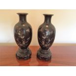 Pair Japanese balsa wood vases with silver inlay 1 a/f