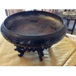 Silver inlaid balsa wood bowl on hard wood stand