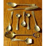 Nine various small spoons inc. suite 2 salts and a mustard