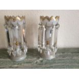 Pair opalescent glass lustres with gilt decoration