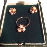 Dress ring and matching pearl and coral earrings in 9ct gold mts.