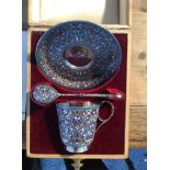 A Gustav Klingert cloissone enamelled silver cup, saucer and spoon St. Petersburg in  original
