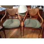 Fine quality pair mahogany bergere carver chairs with painted decoration