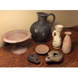 Seven various pieces ancient pottery inc. two oil lamps, bronze age ewer from Cyprus etc