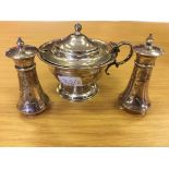 Silver mustard pot and two pepperettes