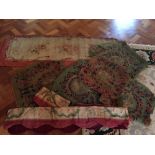 French 19th c  tapestry seat covers inc. Aubusson sofa back and silk pelmets