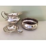 Sheffield silver creamer 1918, tea strainer and a coaster