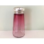 Cranberry glass sugar sifter with silver mounts