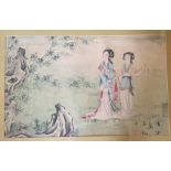 Chinese watercolour on silk two ladies in a landscape