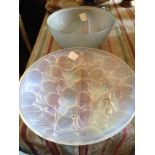 French iridescent leaf pattern bowl marked Arress Made in France with a pressed glass bird bowl