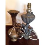 French Art Nouveau pewter lamp and spelter vase by Charles Perron (1862-1934)