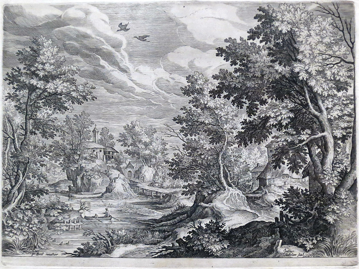 (École flamande) - SADELER, Joannes (1550-1600).- Paysage boisé aquatique avec chapelle [d'après