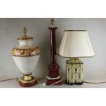 A ceramic table lamp, baluster shape with a band of scroll decoration, 56cm; a square shaped table