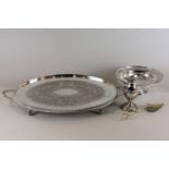 A silver plated oval two-handled serving tray, on claw and ball feet, 50cm;  a circular fruit bowl