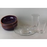 A Rosenthal modern glass bowl, 30cm, an Orrefors glass base, 21cm, a smaller vase and four John