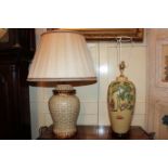 A ceramic urn shape table lamp, with basket-weave decoration, 46cm; and another lamp with floral