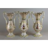 Three near matching 19th century Staffordshire two handled vases, each hand painted with a panel